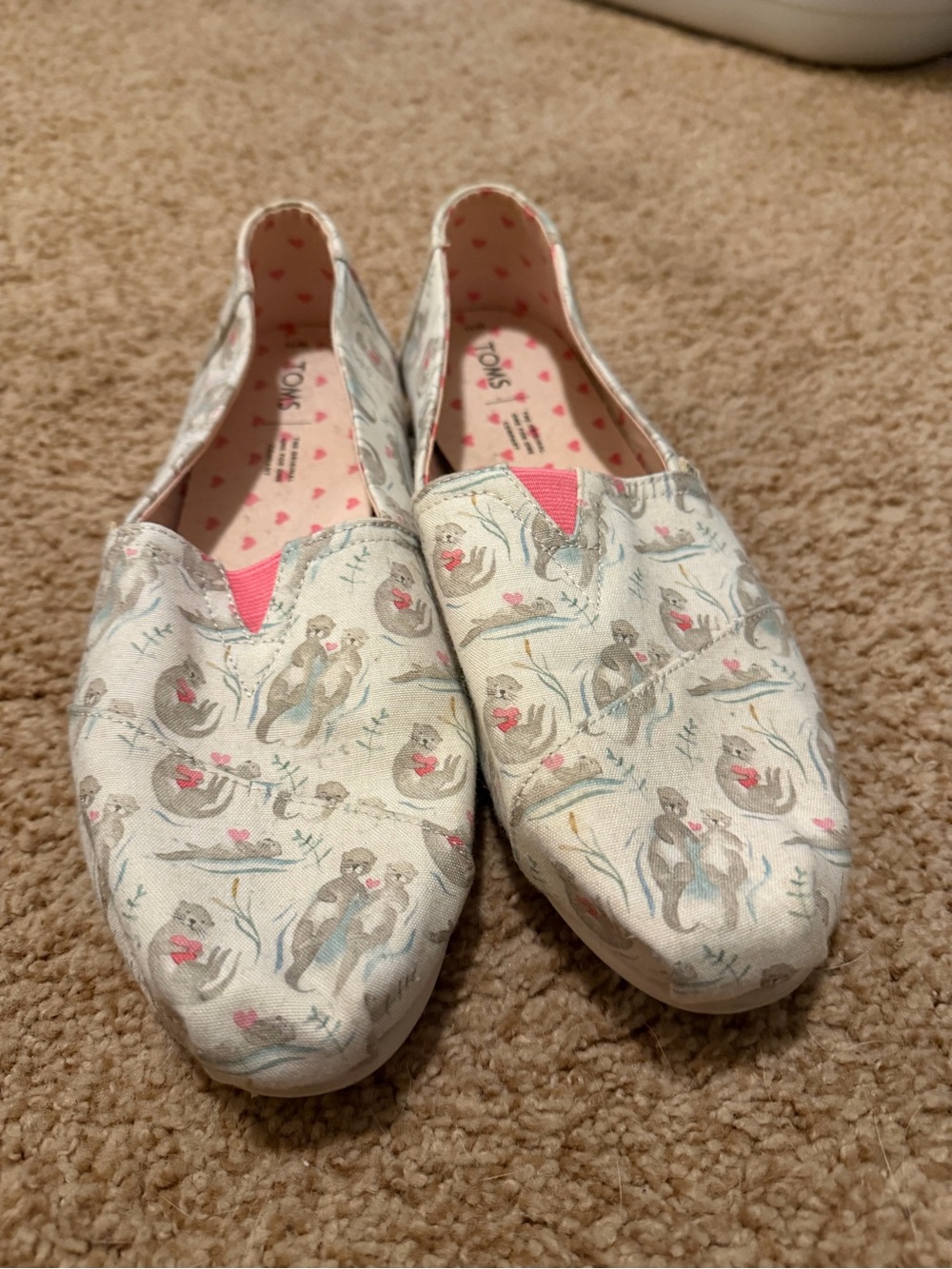 Toms White Canvas Flats with Pink Accents and Otter Print